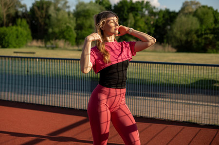 Cute blonde woman in pink athletic wear poses confidently on a sports court, with shadows creating a pattern on her outfit, showcasing a vibrant outdoor settingの写真素材