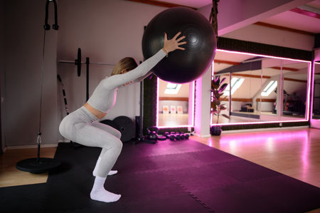 Sporty young woman in sportswear doing exercise with fitness ball in empty gym. Motivated fitness girl with perfect figure in grey top and trending leggings doing exercises gracefully indoorsの写真素材