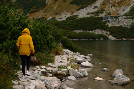 A solitary hiker wearing a bright yellow hooded jacket walks along a stone-paved trail next to a...