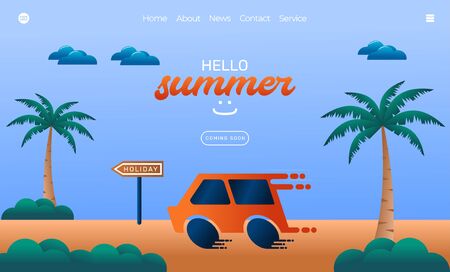 Illustration vector graphic of the orange car moves quickly towards the holidays. Summer day concept. Perfect for web landing page, banner, holiday poster, etc.のイラスト素材