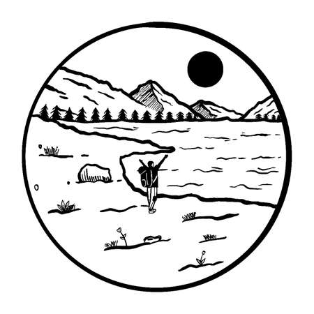 the view of backpacker looking at the lake with mountains background. doodle art badge.のイラスト素材