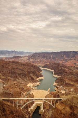 Hoover Dam taken from helicopter near las vegas 2013 with bridgeの写真素材