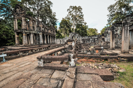 Ancient buddhist khmer temple in Angkor Wat complex, Siem Reap Cambodia Asiaの写真素材