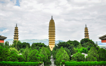 Rebuild Song dynasty town in dali, Yunnan province, China  Three pagodas and water with reflectionの写真素材