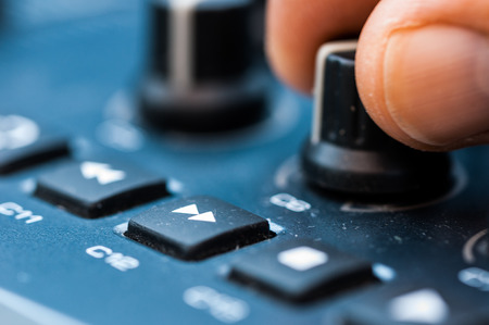 Synthesizer patch panel Close-up button knob on touch panelの写真素材