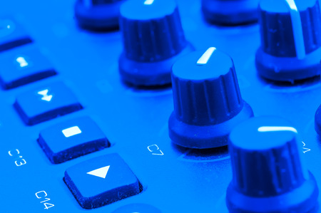 Synthesizer patch panel Close-up button knob on touch panelの写真素材