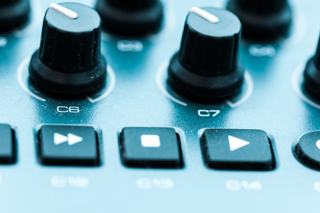 Synthesizer patch panel Close-up button knob on touch panelの写真素材