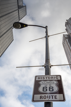 Route 66: An Illinois / US 66 road shield, marking the beginning of historic Route 66, leading through Chicago, Illinois.の写真素材