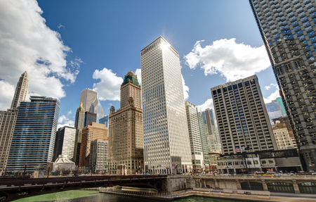 River Walk with urban skyscrapers in Chicago, United States 2016の写真素材