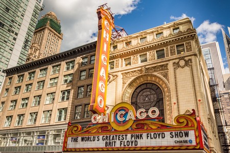 CHICAGO - MARCH 22: The famous Chicago Theater on State Street on March 22, 2016 in Chicago, Illinois. Opened in 1921, the theater was renovated in the 1980's at a cost of $4.3 million.のeditorial素材