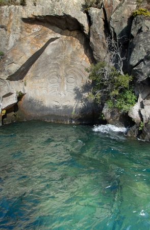 Maori rock carvings at lake taupo water 2016の写真素材