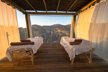 Spa Omani Mountains at Jabal Akhdar in Al Hajar Mountains, Oman at sunset. This place is 2000 meters above sea level.のeditorial素材