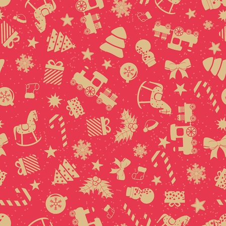 Seamless red pattern of christman icon, trees, snowman, candy, locomotive, train, horse, stars and otherのイラスト素材