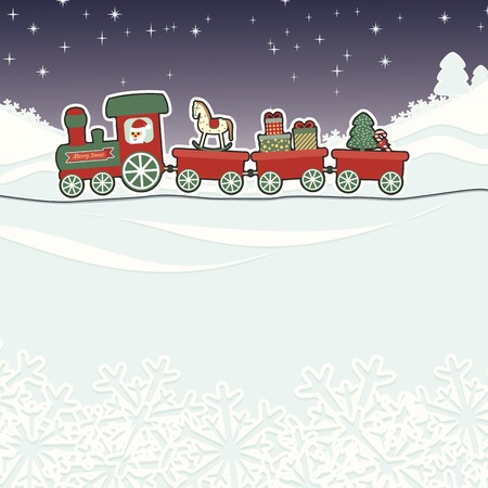 Christmas Train and winter landscape with snowflakes, stars, snow trees and lokのイラスト素材