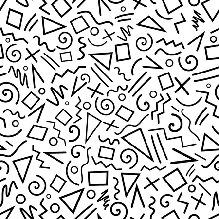 Seamless background of typical black shapes of the 80s and 90s on white backgroundのイラスト素材