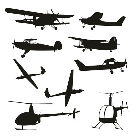 Collection of different silhouettes of airplane and helicopterのイラスト素材
