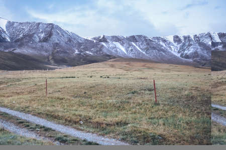 Grassland in front of snow mountainの写真素材