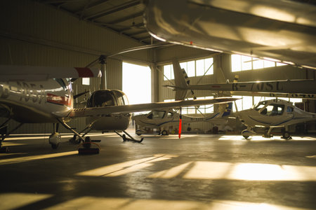 Helicopter parked in hangarの写真素材