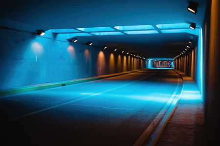 tunnel under blue lightの写真素材