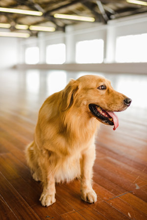 Golden retriever dog resting indoorsの写真素材