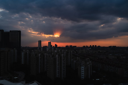 Aerial view of the city at sunset, Shenzhen, Chinaの写真素材