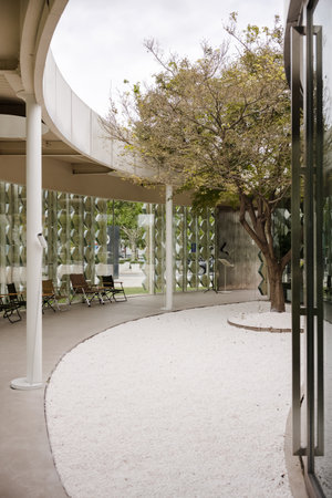 Outdoor patio with white carpet on the ground and trees in the background
