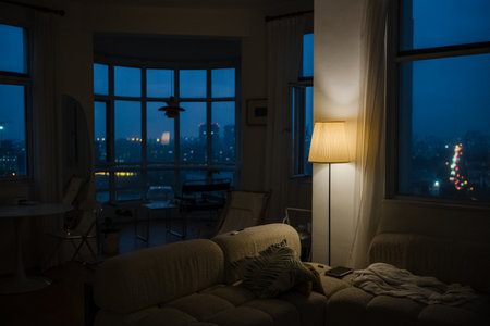 Interior of a living room at night with a view of the city
