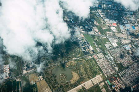 Aerial view of urban area with buildings and roads in China.の写真素材