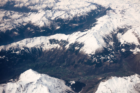 Aerial view of snow covered mountains in Himalayas, Nepalの写真素材
