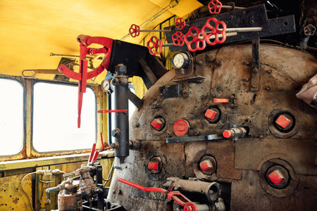 Interior of an old steam locomotive, close-up.の写真素材