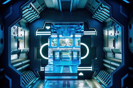 Dark blue spaceship interior with window view 3d rendering toned image