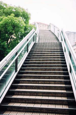 Modern metal stairs in the city, blurred background, toned imageの写真素材