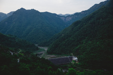 Mountain landscape with forest and river, closeup of photo.の写真素材