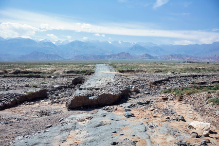 Dangerous mountain road at Ladakh India with view of scenic landscape.の写真素材