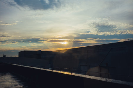 Sunset over the port of Trieste, Italy. View from the bridgeの写真素材