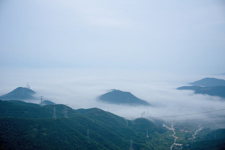 Mountain landscape with clouds and fog in the morning, Taipei, Taiwanの写真素材