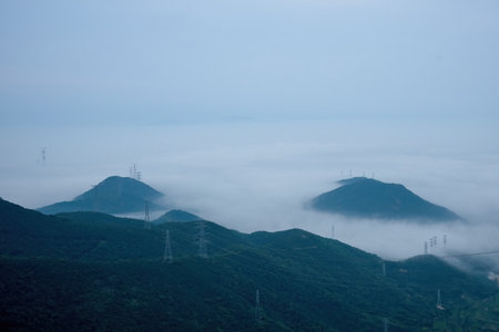Mountain landscape with fog in the morning, north China.の写真素材