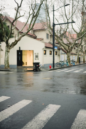 Rainy day in the city. Streets of the city in winter.の写真素材