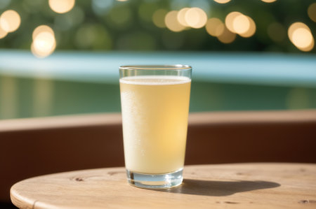 A glass of cold beer on a wooden table with bokeh backgroundの素材