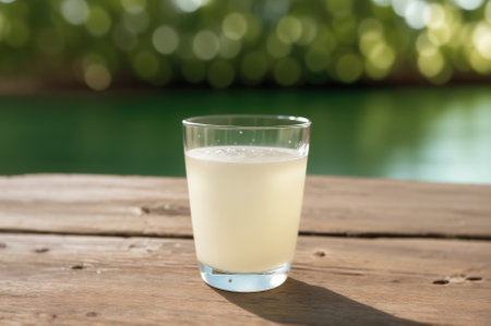 Glass of fresh milk on wooden table against blurred background, closeupの素材