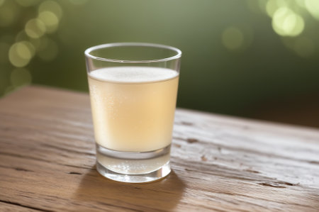 A glass of beer on a wooden table with bokeh backgroundの素材