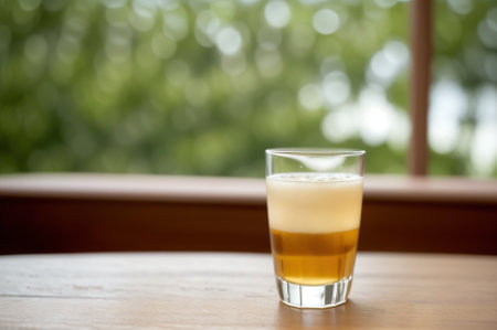 A glass of whiskey on a wooden table in front of a windowの素材