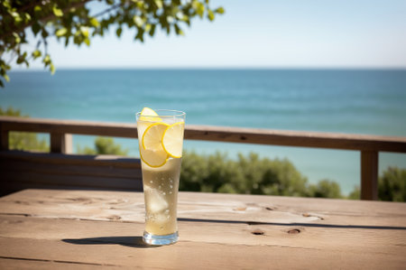 A glass of lemonade on a wooden table with the sea in the backgroundの素材