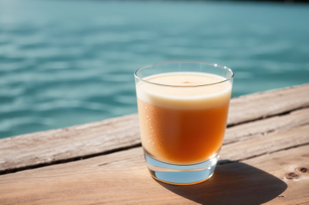 A glass of orange juice on a wooden table near the swimming poolの素材