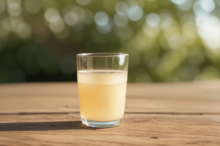 A glass of fresh orange juice on a wooden table in the gardenの素材