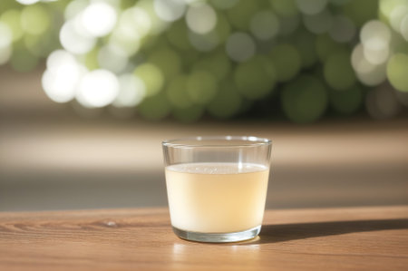 A glass of milk on a wooden table with bokeh backgroundの素材