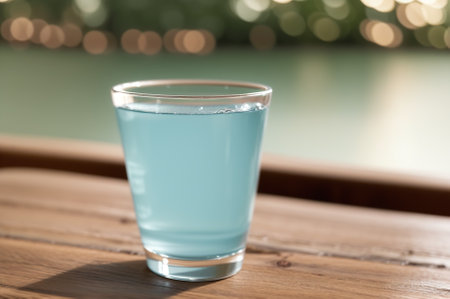 A glass of water on a wooden table in front of a blurred backgroundの素材