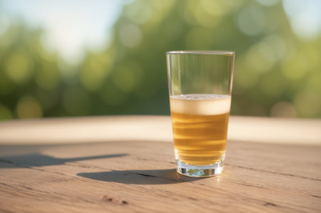Glass of whiskey on a wooden table in the garden. Soft focus.の素材