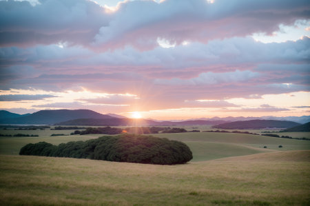 Sunset over the field with grass and mountains in the background.の素材