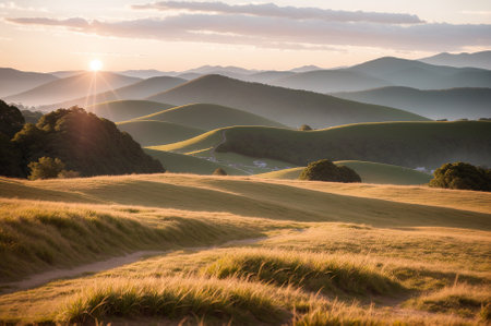 Sunrise over rolling hills in the countryside of New South Wales, Australiaの素材
